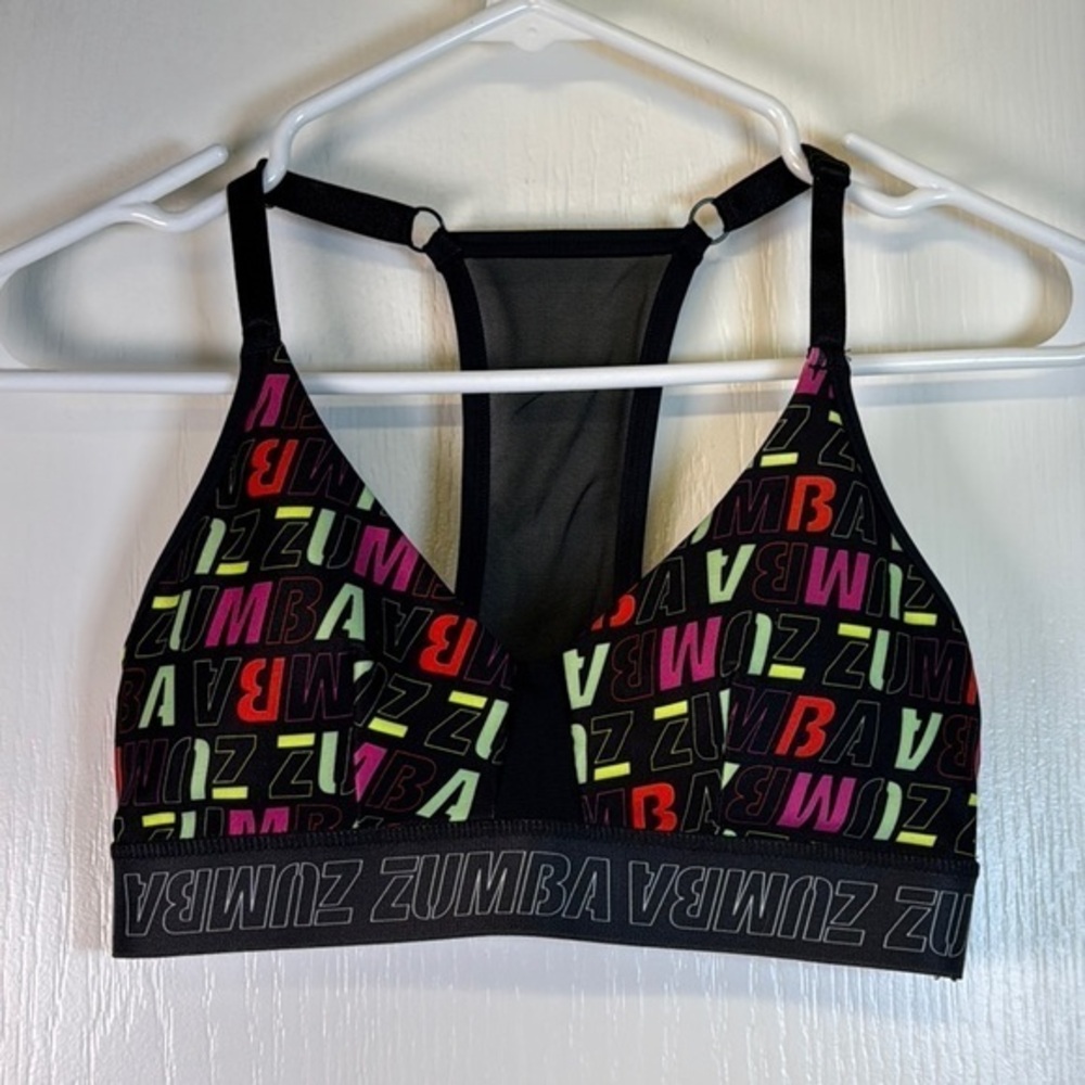 Zumba Fitness Step Into Happy Bra Black Sports Bra Size Small EUC #1575
